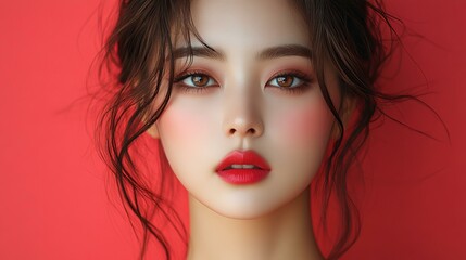 Fototapeta premium 빨간 입술을 한 아름다운 여성의 초상 사진