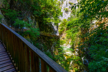 Fototapeta premium Horma Canyon, Kure Mountains National Park, Kastamonu, Turkey. Wooden walking path.