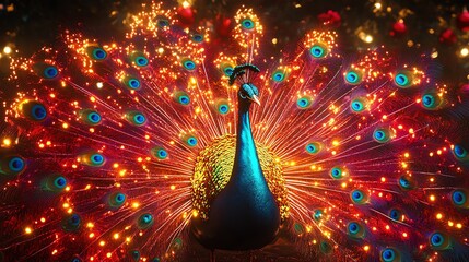 Vibrant digital illustration of a peacock with illuminated feathers, symbolizing beauty, elegance, and grandeur in a mesmerizing display.