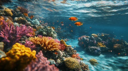 Obraz premium vivid image of a school of fish swimming near a vibrant coral atoll.