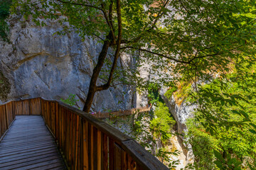 Fototapeta premium Horma Canyon, Kure Mountains National Park, Kastamonu, Turkey. Wooden walking path.