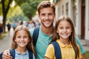 young parents seeing their kids children to school for lessons classes after summer holidays