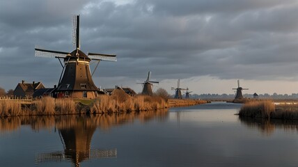 Dutch Windmills Reflecting in Calm Water