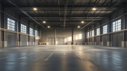 Empty Industrial Warehouse with Large Windows and Concrete Floor
