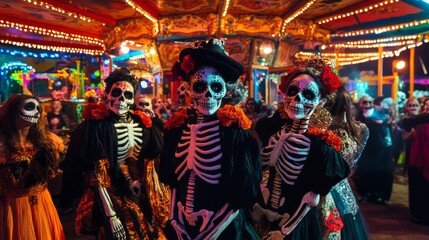 Obraz premium Three People Dressed as Skeletons at a Carnival