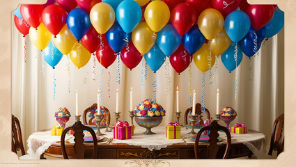 Birthday decoration. Colorful candy, sweets and balloons ai generative..