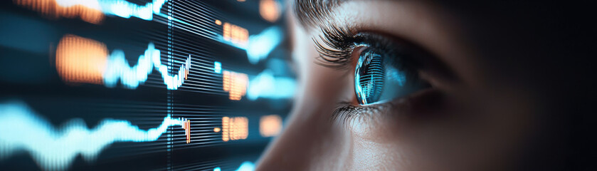 Robotic eyes following multiple moving stock graphs, surveillance, AI monitoring financial trends