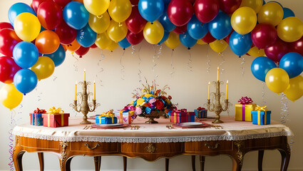 Birthday decoration. Colorful candy, sweets and balloons ai generative..