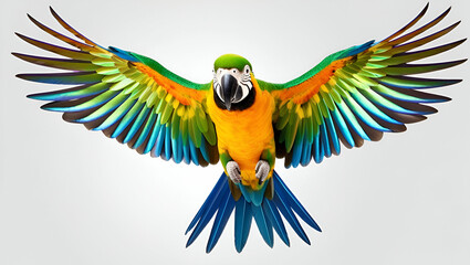 Colorful Harlequin macaw parrot flying on green nature background ai generative..