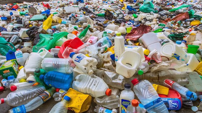 Gran acumulaci&oacute;n de botellas y envases pl&aacute;sticos en un vertedero, mostrando el problema del exceso de desechos pl&aacute;sticos.