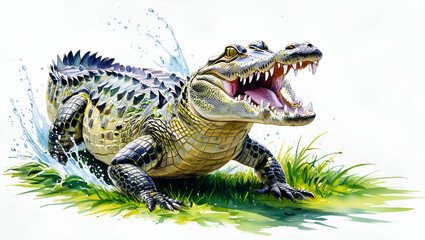 Crocodile sitting on the ground in the grass with watercolor effect generative ai