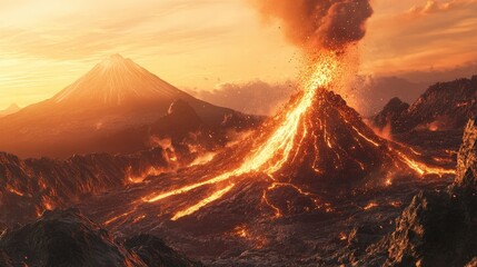 image of a volcanic eruption with a dramatic sunrise in the background.