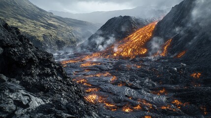 Naklejka premium image of a volcanic eruption with a focus on the geological features surrounding the volcano.