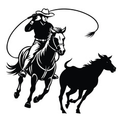 Naklejka premium black and white cowboy silhouette, cowboy vector illustration, cowboy silhouette, horse silhouette isolated vector Illustration