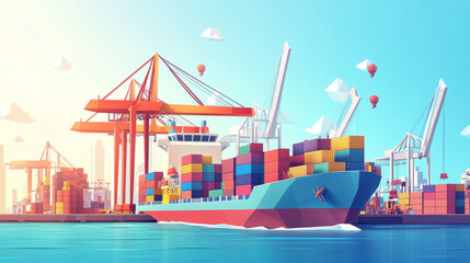 Fototapeta premium A simple picture showing a busy shipping port. You see cranes lifting containers onto a large ship. This image is about how goods are moved around the world.low poly vector illustration.