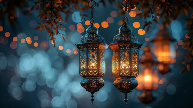 Vector illustration of Eid e Milad Un Nabii Backgorund with hanging light and moon in the background