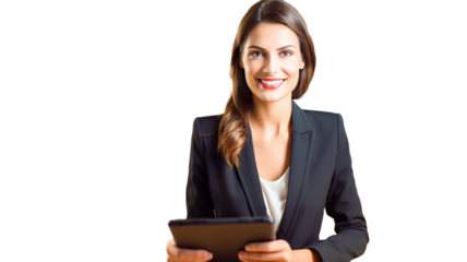 Successful young business lady using digital tablet on transparent background PNG.

