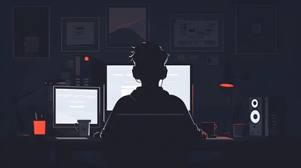 Silhouette of a person in a room working on a laptop, surrounded by digital technology and internet concepts