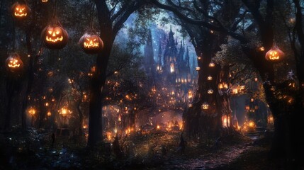 A Mystical Halloween Forest with Jack-O'-Lanterns and a Distant Castle