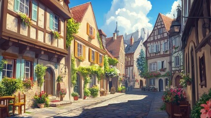 Fototapeta premium A charming cobblestone street in a European town, lined with quaint buildings, flowers, and greenery. The street slopes up towards a distant castle, bathed in sunshine.