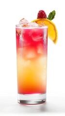 A colorful layered drink served in a tall glass with ice, garnished with a raspberry, orange slice, and mint leaf.