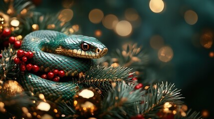 Fototapeta premium A Green Wooden Snake, holiday composition for happy and joy celebrate New Year, black bokeh background