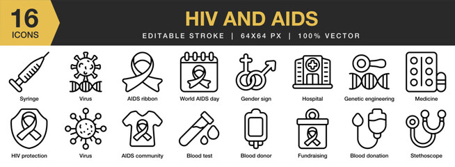 HIV And AIDS icon set. Editable Stroke Icon Collection. Includes fundraising, gender, genetic, hiv protection, medicine, and More. Outline icons vector collection.