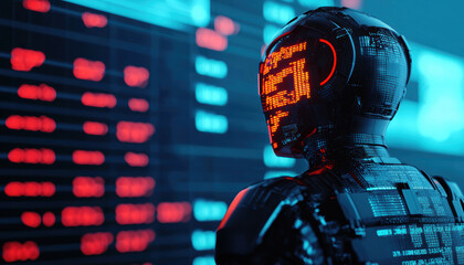 Stock market charts and robot algorithm codes floating in a digital environment, codedriven trading, AI generating financial insights