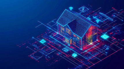 A smart home is shown as a building made of numbers, with icons for smart devices like lights and thermostats. This image shows how technology makes a house smarter and easier to control.