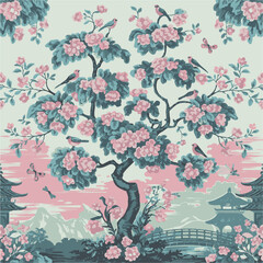 A stunning vector illustration of a chinoiserie seamless pattern featuring a blossoming tree.