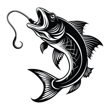 black and white fish hooked clip art preview