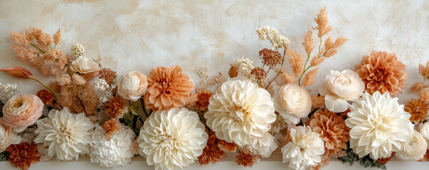 Obraz premium A bouquet of flowers with a white background. The flowers are arranged in a way that they look like they are growing out of the wall. Scene is warm and inviting