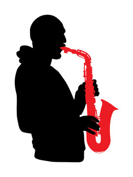 recommend clip art: Saxophone player vector silhouette illustration. Music man play wind instrument. Music artist. Jazz man. Bugler street performer. Musician play trumpet. Entertainment for public. Classic music event.
