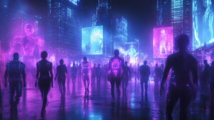Fototapeta premium Silhouettes of People Walking Through a Neon-Lit Cityscape