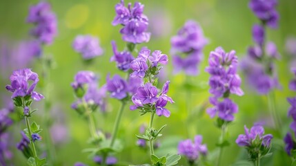 A vibrant display of purple flowers blooming in a lush green field, showcasing nature's beauty and tranquility.