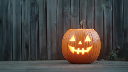 Obraz premium A glowing Halloween pumpkin with a cheerful face, perfect for autumn celebrations and festive decorations.