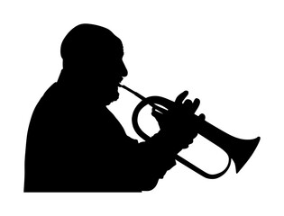 Musician man play trumpet on stage vector silhouette illustration isolated on white. Music male. Jazz man. Bugler artist street performer. Trumpeter shape shadow. Traditional folklore instrument.