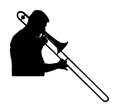 recommend clip art: Trombone player vector silhouette illustration isolated. Music man play wind instrument. Artist jazz man. Bugler street performer. Boy musician play trumpet. Public entertainment. Classic music event.