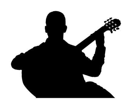 recommend clip art: Man playing acoustic guitar vector silhouette illustration isolated. Classic music street performer concert. Musician artist amusement public. Virtuoso classic guitar. Boy play string instrument.