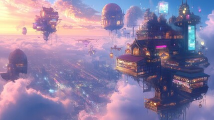 A vibrant city of floating islands in the clouds at sunset with buildings and flying vehicles.