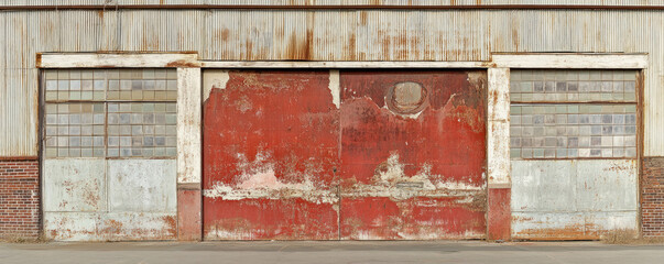 The red door of a building is covered in rust and has a window on the side. The door is open, revealing a brick wall and a window. Scene is one of decay and abandonment