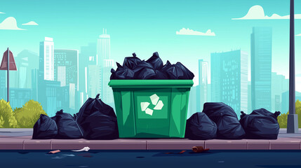 Full garbage bin and black plastic trash bags around. Overflowing recycling container with trash. Green recycle can. Street dump pollution, bin container pile, trashcan basket