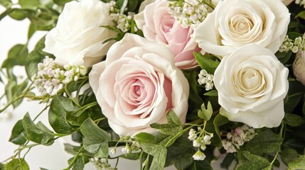 delicate arrangement of white and pink roses intertwined with greenery.