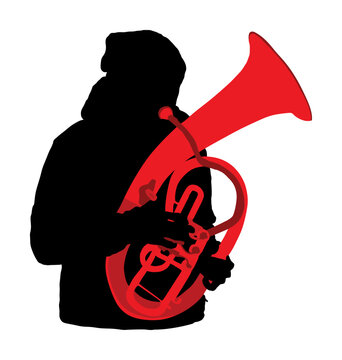 recommend clip art: Boy tenor horn player vector silhouette. Music man play wind instrument. Music artist. Jazz man saxhorn. Bugler street performer. Musician trumpet. Male entertainment for public. Classic music event.