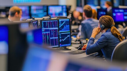 dynamic scene of a stock trading floor with traders working at their desks.