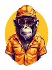 Fototapeta premium the AI Image Generator, Serious Chimpanzee in Red Firefighter Gear and Yellow Helmet