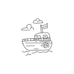 Naklejka premium Cute cartoon doodle drawing of a boat with a flag and a steering wheel sailing on the sea under a cloudy sky. Concept of transportation, adventure, and travel.