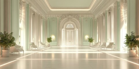 expensive hotel lobby with luxury light green wooden panels, carvings royal style and elegant glowing floor 