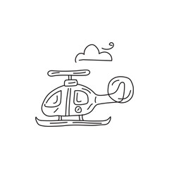 Doodle drawing of a helicopter flying in the sky with a cloud. Vector illustration of transportation.