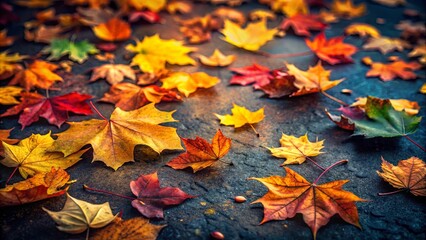 Vibrant autumn leaves scattered on dark ground in fall season